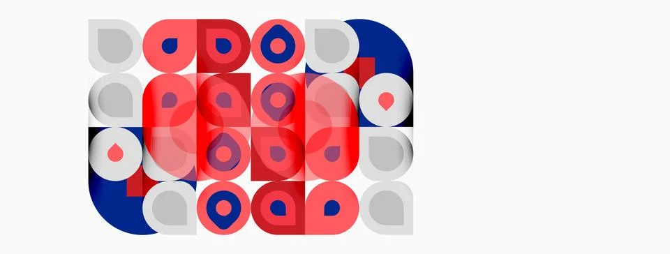 Abstract pattern features circles, red, blue, gray tones. Geometric design Stock Illustration