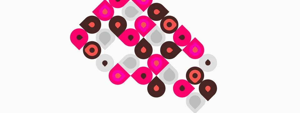 Abstract pattern features circles, squares, pink, brown, gray hues. Shapes 库存插图