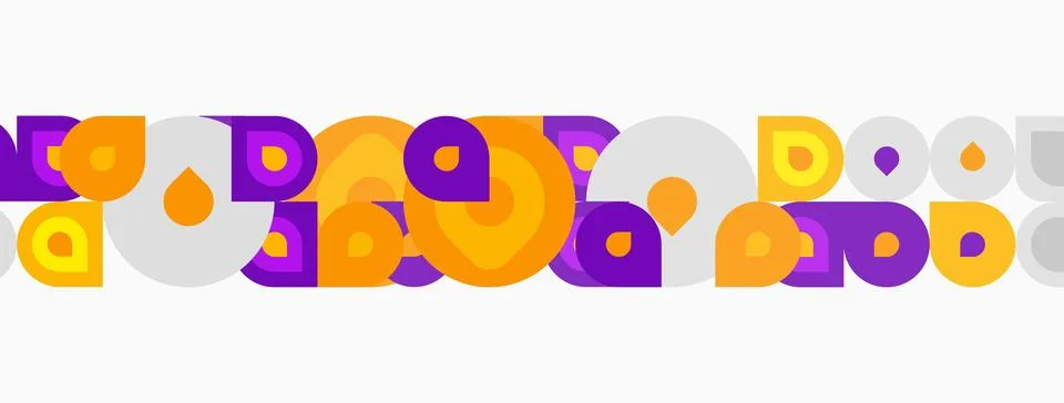 Abstract pattern features circles, squares, rectangles. Purple, orange, gray Stock Illustration