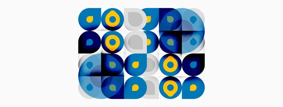 Abstract pattern features circles, squares, varying blue hues. Minimalist d.. Stock Illustration