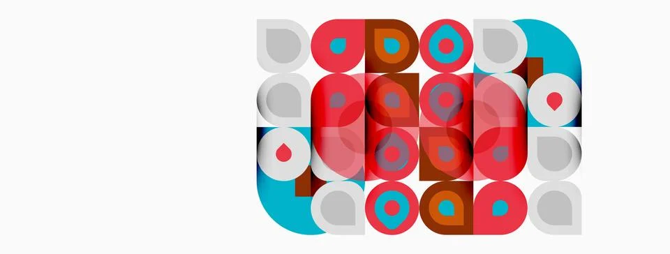 Abstract pattern features circles, squares. Red, turquoise, gray colors dom.. Illustrazione stock