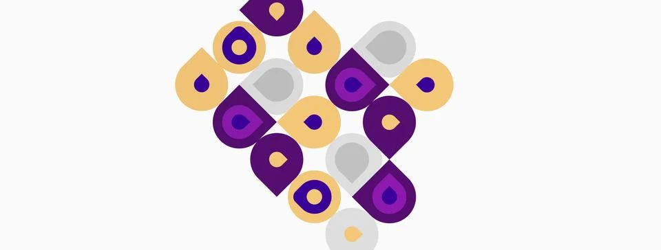 Abstract pattern features circles, squares, purple, gold, gray hues. Geometri Illustrazione stock