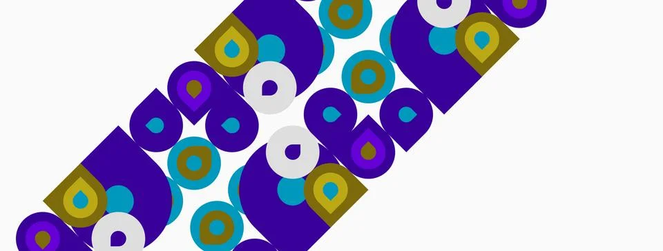 Abstract pattern features circles, squares, diagonal lines. Purple, teal, gol Stock Illustration