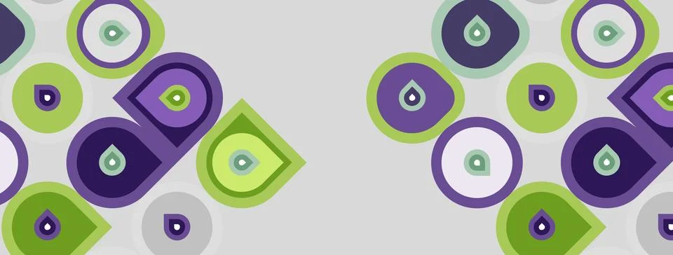 Abstract pattern features circles, squares, teardrops. Purple, green hues 스톡 일러스트