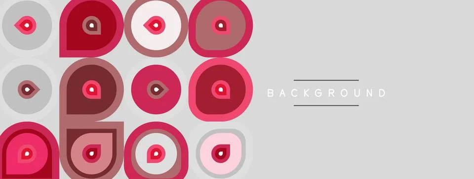 Abstract pattern features circles, squares, red tones. Gray background provid 스톡 일러스트