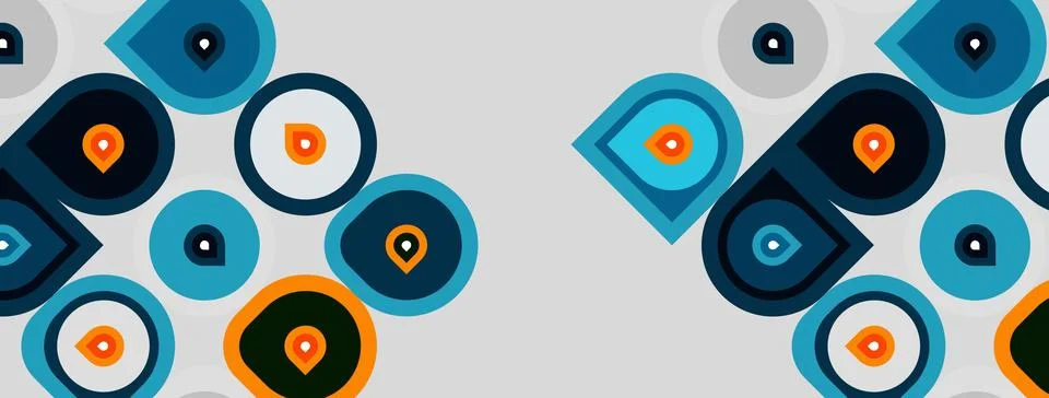 Abstract pattern features circles, squares, contrasting colors. Shapes overla 스톡 일러스트
