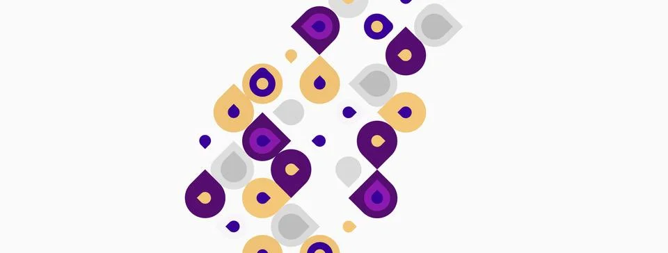Abstract pattern features circles, squares, dots. Purple, gold hues dominate Stock Illustration