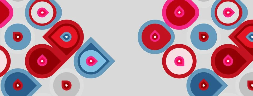 Abstract pattern features circles, squares, drops. Red, blue, pink hues dom.. Illustrazione stock