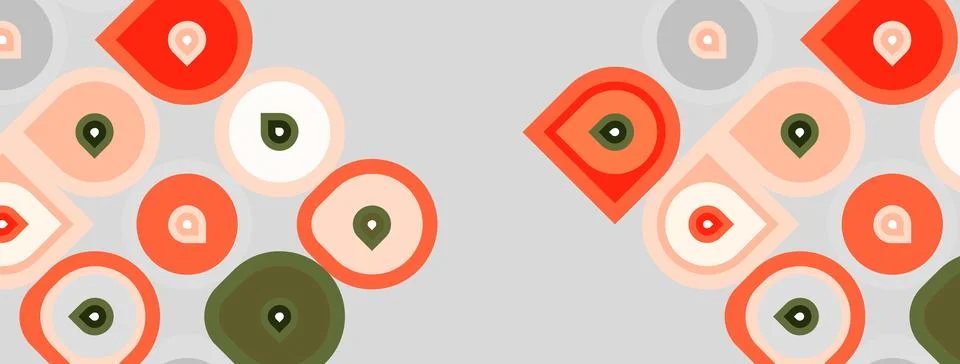 Abstract pattern features circles, squares, map markers. Colors include orang Stock Illustration