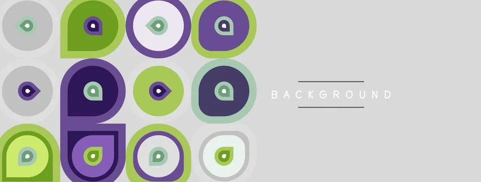 Abstract pattern features circles, squares. Colors include purple, green, gra Stock Illustration