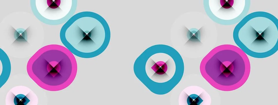 Abstract pattern features circles, squares, plus signs. Colors include blue, Stock Illustration
