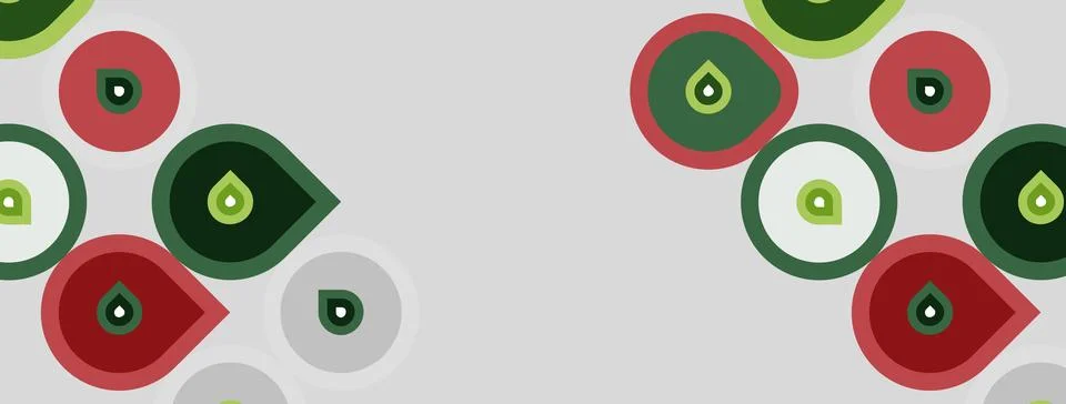 Abstract pattern features circles, teardrops. Colors include red, green, gray Stock Illustration