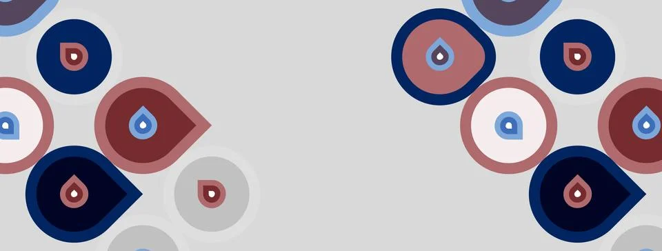Abstract pattern features circles, teardrops. Colors include pinks, blues, .. Illustrazione stock
