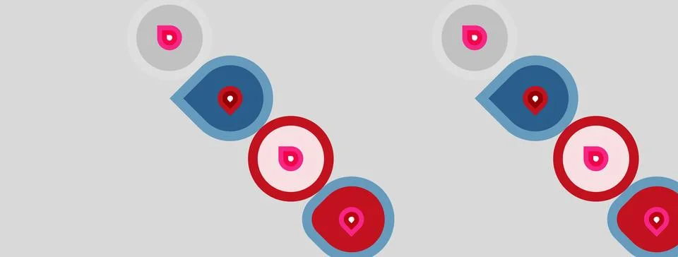 Abstract pattern features circles, teardrops. Blue, red hues dominate light.. Stock Illustration