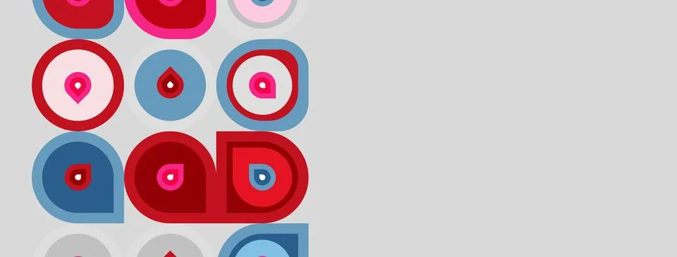 Abstract pattern features circles, varying sizes, red, blue hues. Minimalist Stockillustratie