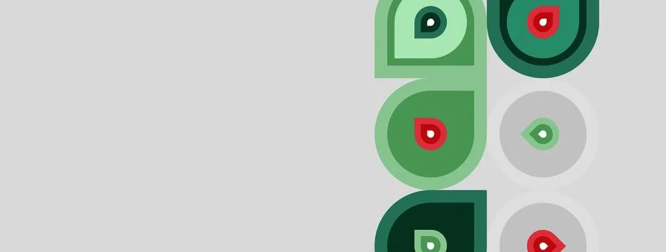 Abstract pattern features circles, varying shades green, red. Minimalist desi Stock Illustration