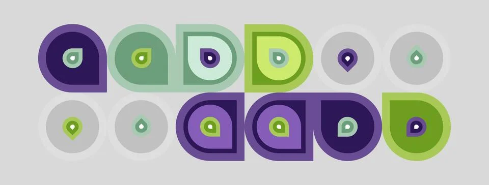 Abstract pattern features circles, varying hues. Purple, green dominate desig Illustrazione stock
