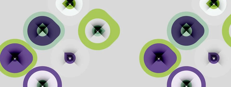 Abstract pattern features circles, varying sizes, purple, green hues. Simple Illustrazione stock