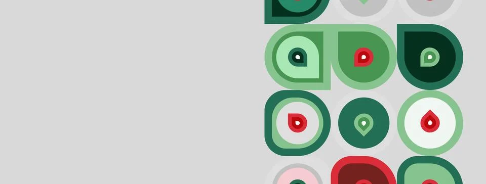 Abstract pattern features circles, varying shades green, red. Minimalist desi Stock Illustration