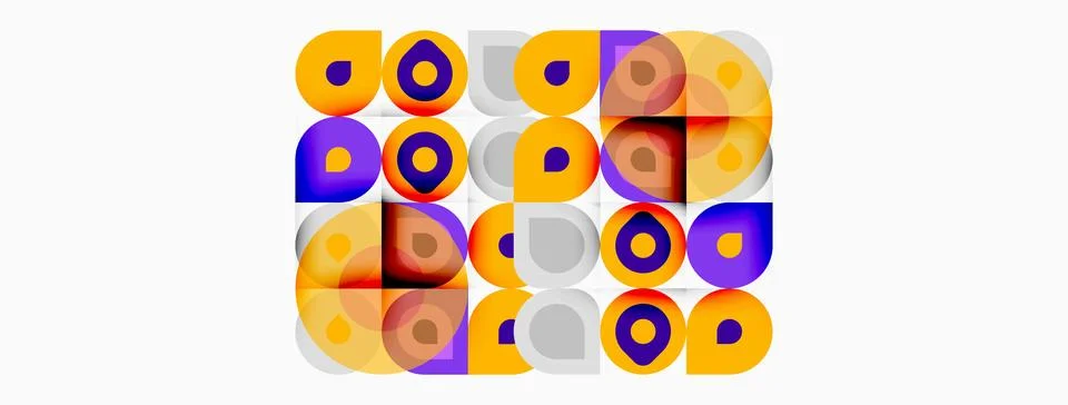 Abstract pattern features colorful circles, squares. Overlapping shapes creat Stock Illustration