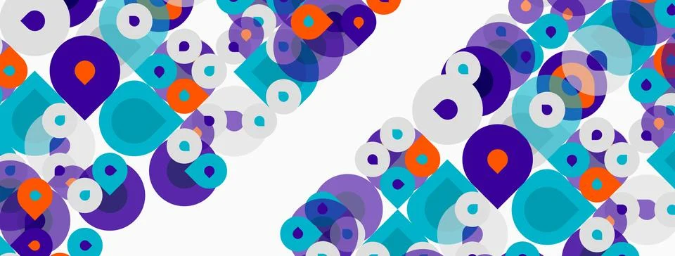 Abstract pattern features colorful circles, squares. Diagonal lines create Stock Illustration