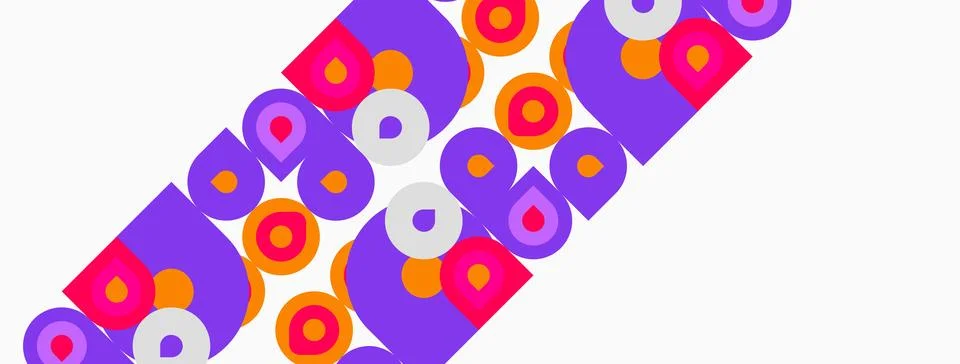 Abstract pattern features colorful circles, squares, rectangles. Shapes overl 库存插图