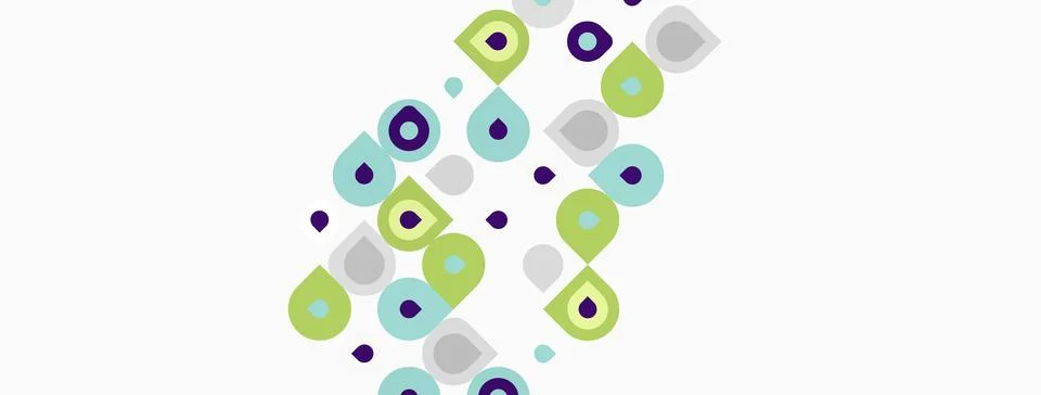 Abstract pattern features colorful circles, squares, teardrops. Shapes overla Stock Illustration
