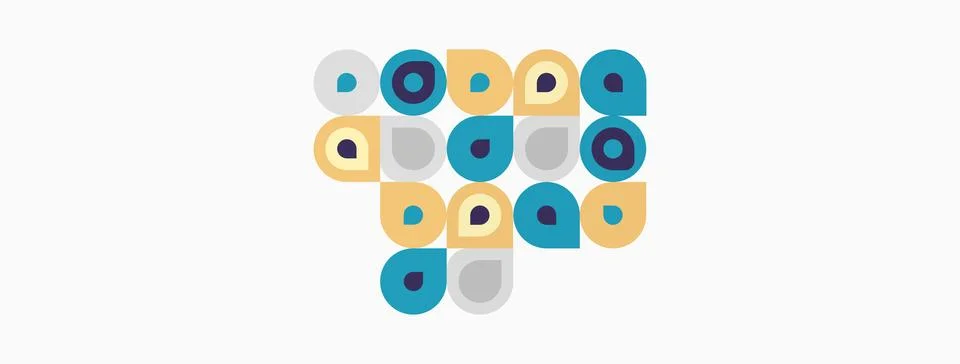 Abstract pattern features colorful circles, squares. Shapes overlap creating 스톡 일러스트