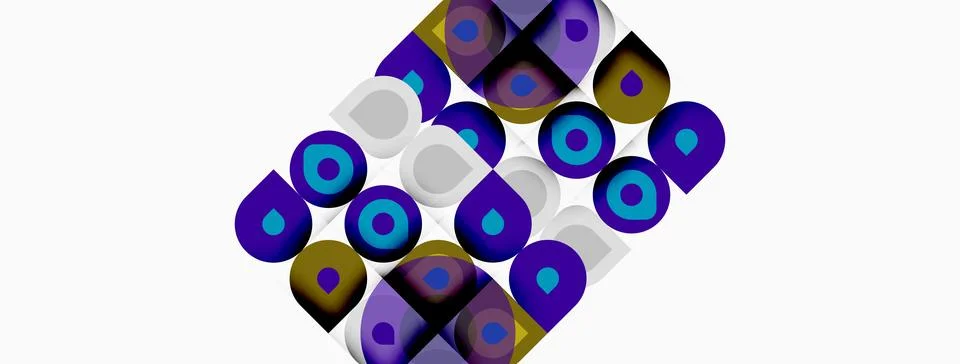 Abstract pattern features colorful circles, squares, overlapping shapes. Stock Illustration