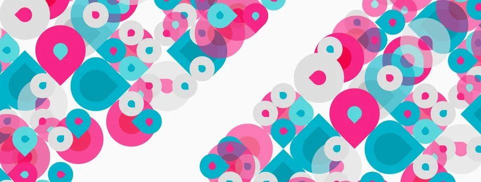 Abstract pattern features colorful circles, squares. Pink, turquoise, white 스톡 일러스트
