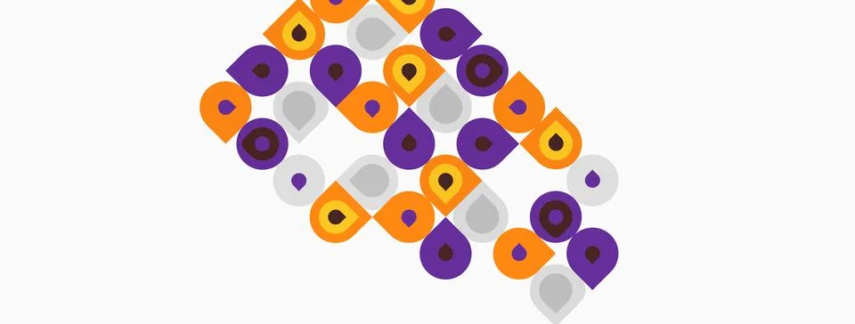 Abstract pattern features colorful circles, squares, rectangles. Shapes overl Stock Illustration