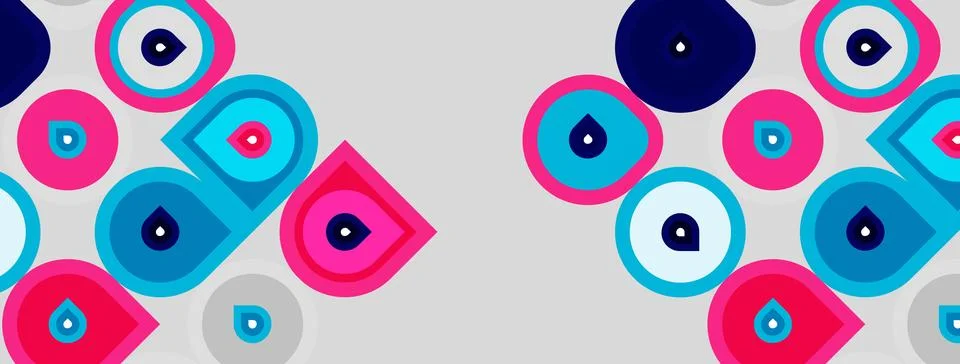 Abstract pattern features colorful circles, squares, teardrops. Shapes overla 스톡 일러스트