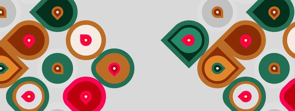 Abstract pattern features colorful circles, squares. Shapes overlap creating Illustrazione stock