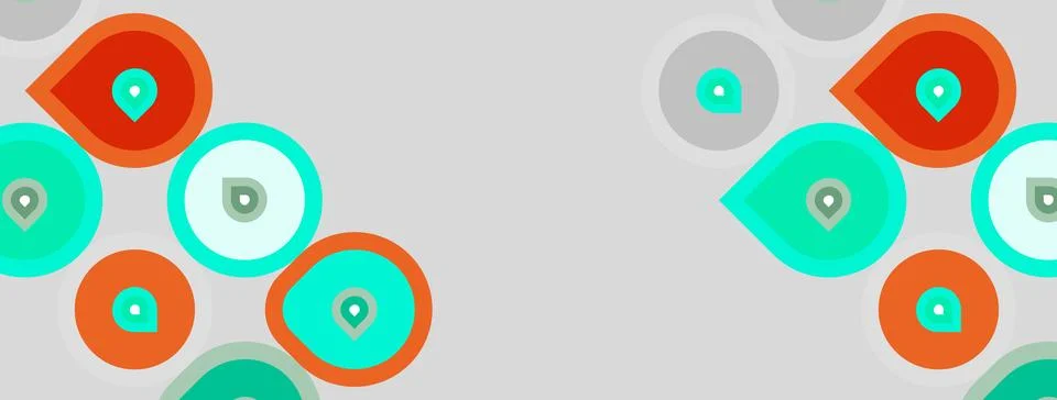 Abstract pattern features colorful circles, teardrops. Location pins present Stock Illustration