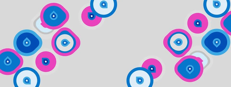 Abstract pattern features colorful circles, pink centers, blue outlines. Shap Illustrazione stock