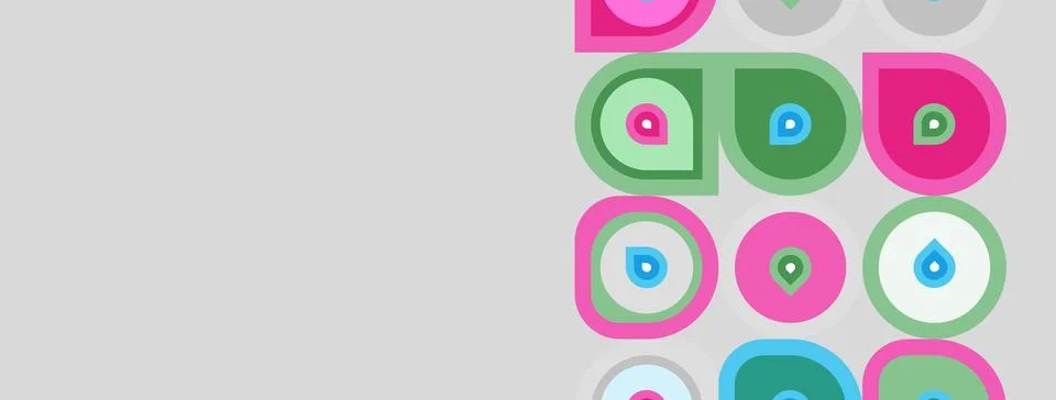 Abstract pattern features colorful circles, squares, dots. Design uses pink, Illustrazione stock