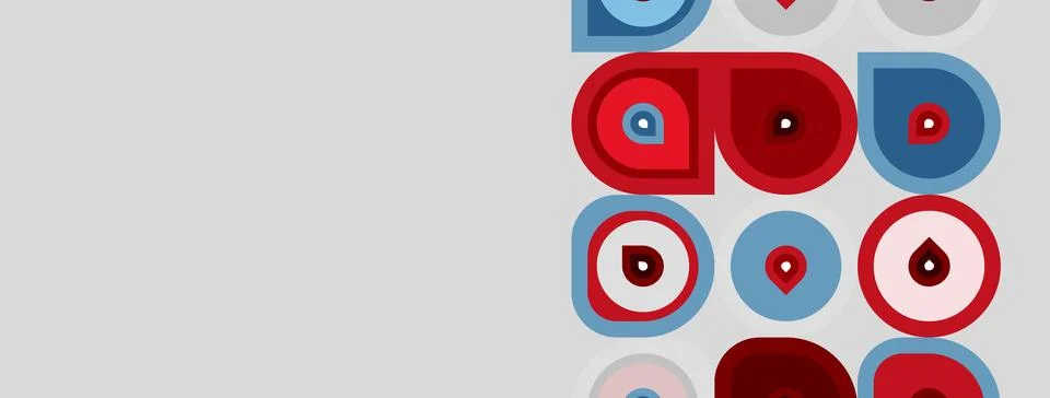 Abstract pattern features colorful circles, squares, teardrops. Shapes overla 스톡 일러스트