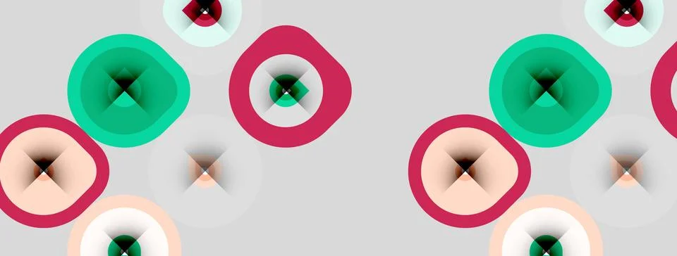 Abstract pattern features colorful circles, squares with central crosses. Sof Illustrazione stock