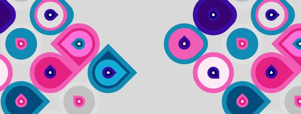 Abstract pattern features colorful circles, squares. Shapes overlap creating Illustrazione stock