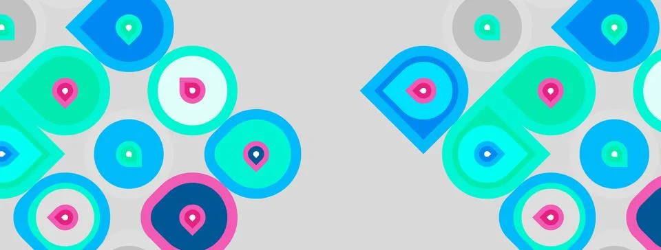 Abstract pattern features colorful circles, squares. Shapes overlap creating 스톡 일러스트
