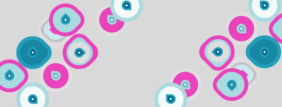 Abstract pattern features colorful circles, pink, blue, white. Repeating desi Stockillustratie