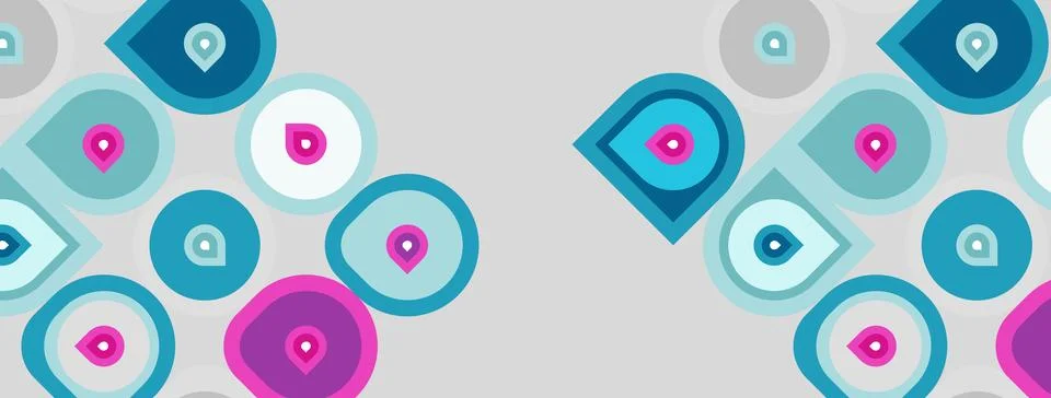 Abstract pattern features colorful circles, squares. Shapes overlap creating 스톡 일러스트