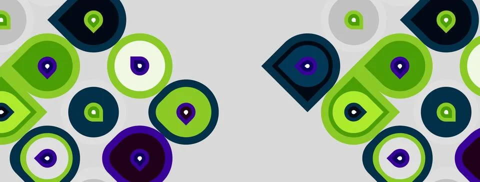 Abstract pattern features colorful circles, squares. Shapes overlap, creating Stock Illustration