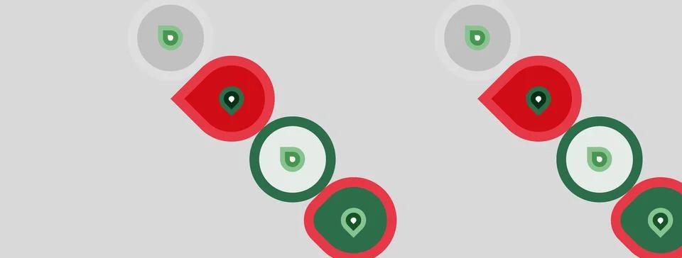 Abstract pattern features colorful circles, red, green, gray. Shapes repeat Stock Illustration