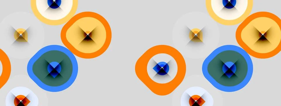 Abstract pattern features colorful circles, squares, plus signs. Shapes overl Stock Illustration