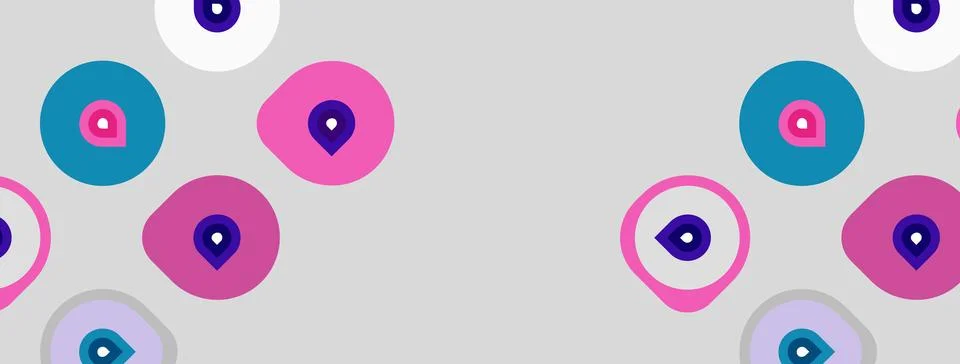 Abstract pattern features colorful circles, pink squares. Shapes overlap, Stock Illustration