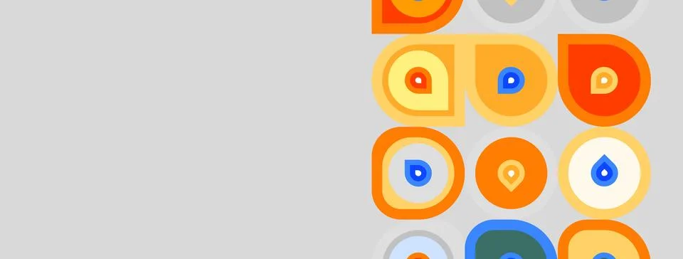 Abstract pattern features colorful circles, squares, teardrops. Design utiliz Illustrazione stock