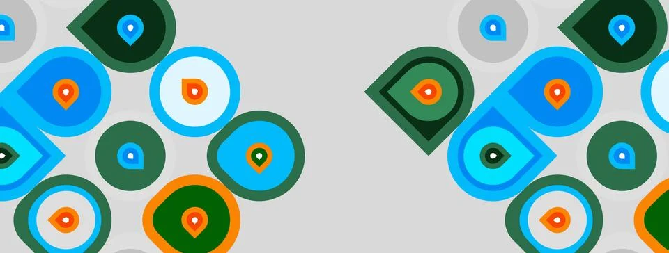 Abstract pattern features colorful circles, squares. Overlapping shapes creat イラスト素材