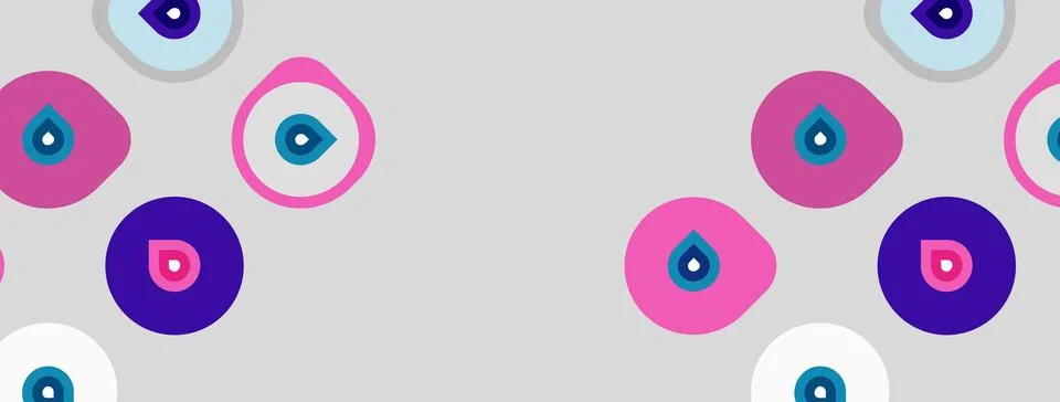 Abstract pattern features colorful circles, droplets, eyes. Soft hues create Stock Illustration