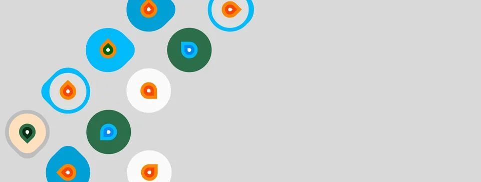 Abstract pattern features colorful circles, dots. Shapes overlap, creating Stock Illustration